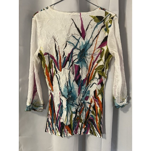 ALBERTO MAKALI Shirt Sz S Artsy Flowy Gauzey Colorful Pleated Art To Wear Spring - Picture 2 of 10